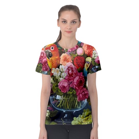 Flower And Parrot Art Flower Painting Women s Sport Mesh T-shirt by Cemarart