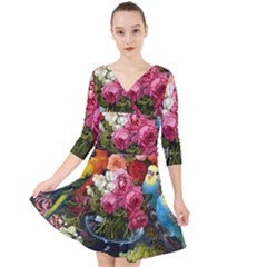 Flower And Parrot Art Flower Painting Quarter Sleeve Front Wrap Dress