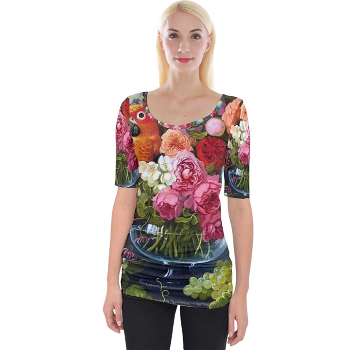 Flower And Parrot Art Flower Painting Wide Neckline T-Shirt