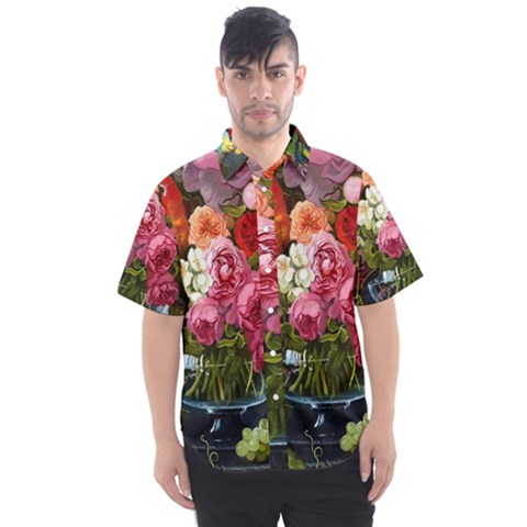 Flower And Parrot Art Flower Painting Men s Short Sleeve Shirt by Cemarart