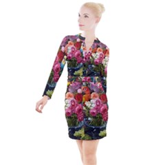 Flower And Parrot Art Flower Painting Button Long Sleeve Dress by Cemarart