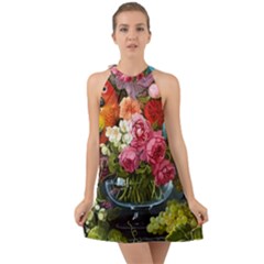 Flower And Parrot Art Flower Painting Halter Tie Back Chiffon Dress by Cemarart