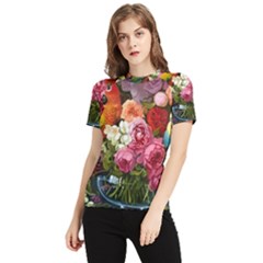 Flower And Parrot Art Flower Painting Women s Short Sleeve Rash Guard by Cemarart