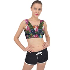 Flower And Parrot Art Flower Painting V-back Sports Bra by Cemarart