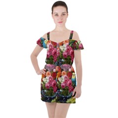 Flower And Parrot Art Flower Painting Ruffle Cut Out Chiffon Playsuit by Cemarart