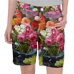 Flower And Parrot Art Flower Painting Women s Pocket Shorts by Cemarart