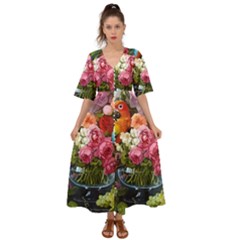 Flower And Parrot Art Flower Painting Kimono Sleeve Boho Dress