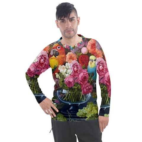 Flower And Parrot Art Flower Painting Men s Pique Long Sleeve T-shirt by Cemarart