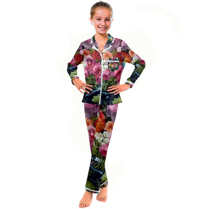 Flower And Parrot Art Flower Painting Kids  Satin Long Sleeve Pajamas Set