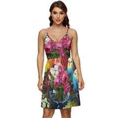 Flower And Parrot Art Flower Painting V-neck Pocket Summer Dress  by Cemarart