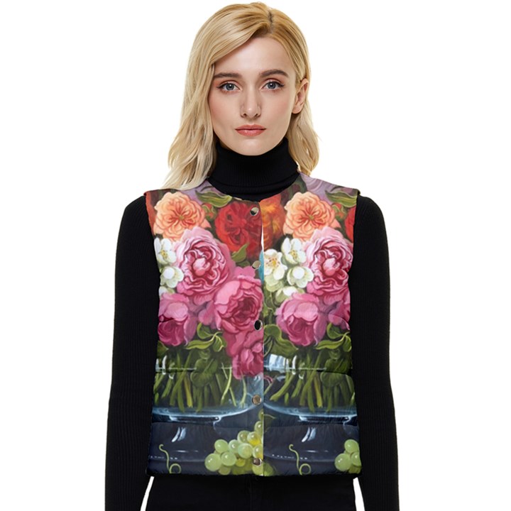 Flower And Parrot Art Flower Painting Women s Button Up Puffer Vest