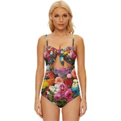 Flower And Parrot Art Flower Painting Knot Front One-piece Swimsuit by Cemarart