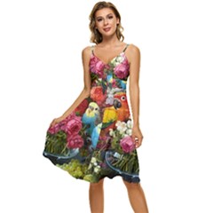 Flower And Parrot Art Flower Painting Sleeveless Tie Front Chiffon Dress by Cemarart