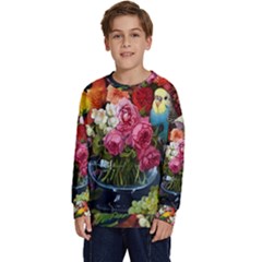 Flower And Parrot Art Flower Painting Kids  Crewneck Sweatshirt by Cemarart