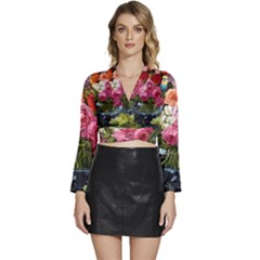 Flower And Parrot Art Flower Painting Long Sleeve Tie Back Satin Wrap Top by Cemarart