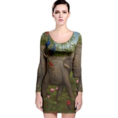 Jungle Of Happiness Painting Peacock Elephant Long Sleeve Velvet Bodycon Dress by Cemarart