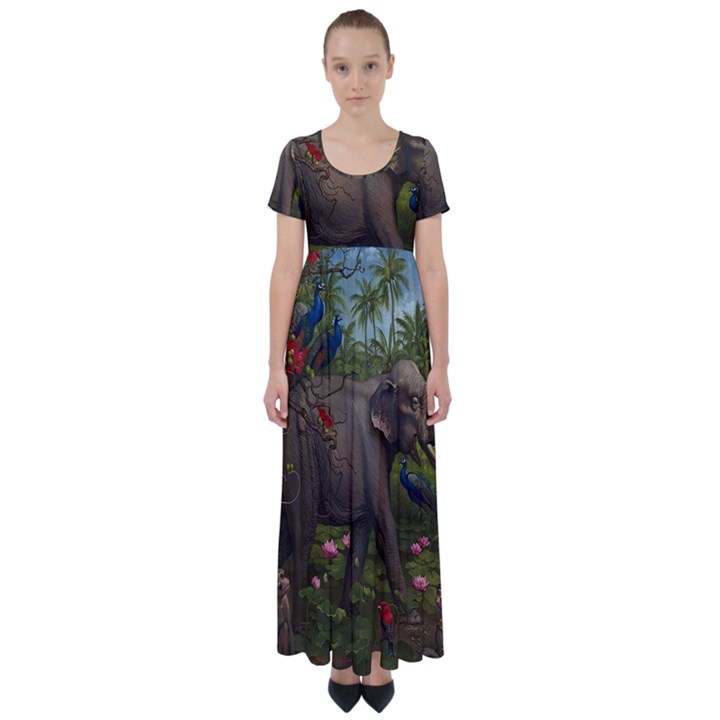 Jungle Of Happiness Painting Peacock Elephant High Waist Short Sleeve Maxi Dress