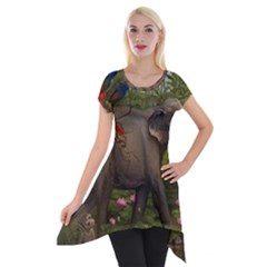 Jungle Of Happiness Painting Peacock Elephant Short Sleeve Side Drop Tunic by Cemarart