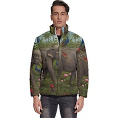 Jungle Of Happiness Painting Peacock Elephant Men s Puffer Bubble Jacket Coat by Cemarart