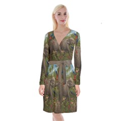 Jungle Of Happiness Painting Peacock Elephant Long Sleeve Velvet Front Wrap Dress by Cemarart