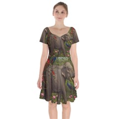 Jungle Of Happiness Painting Peacock Elephant Short Sleeve Bardot Dress by Cemarart