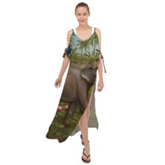 Jungle Of Happiness Painting Peacock Elephant Maxi Chiffon Cover Up Dress by Cemarart