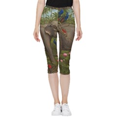 Jungle Of Happiness Painting Peacock Elephant Inside Out Lightweight Velour Capri Leggings  by Cemarart