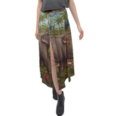 Jungle Of Happiness Painting Peacock Elephant Velour Split Maxi Skirt by Cemarart