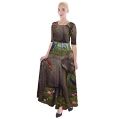 Jungle Of Happiness Painting Peacock Elephant Half Sleeves Maxi Dress by Cemarart