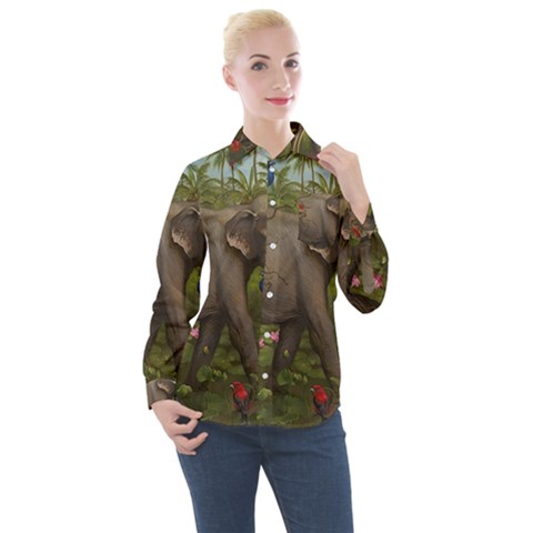 Jungle Of Happiness Painting Peacock Elephant Women s Long Sleeve Pocket Shirt by Cemarart