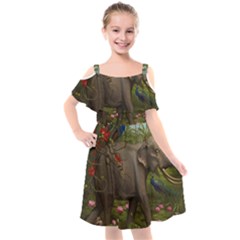 Jungle Of Happiness Painting Peacock Elephant Kids  Cut Out Shoulders Chiffon Dress by Cemarart