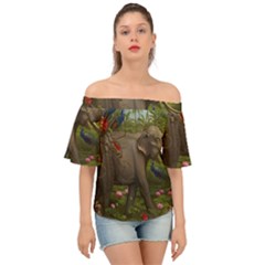 Jungle Of Happiness Painting Peacock Elephant Off Shoulder Short Sleeve Top by Cemarart