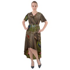 Jungle Of Happiness Painting Peacock Elephant Front Wrap High Low Dress by Cemarart