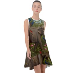 Jungle Of Happiness Painting Peacock Elephant Frill Swing Dress by Cemarart