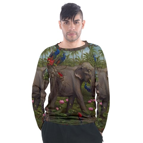 Jungle Of Happiness Painting Peacock Elephant Men s Long Sleeve Raglan T-shirt by Cemarart