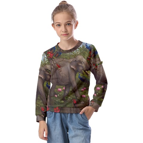 Jungle Of Happiness Painting Peacock Elephant Kids  Long Sleeve T-shirt With Frill  by Cemarart