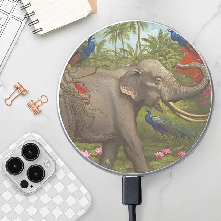 Jungle Of Happiness Painting Peacock Elephant Wireless Fast Charger(White)