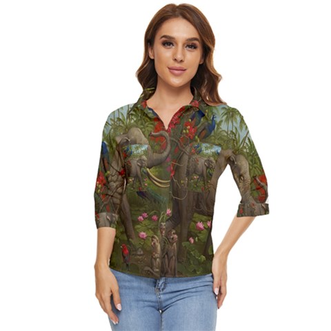 Jungle Of Happiness Painting Peacock Elephant Women s Quarter Sleeve Pocket Shirt by Cemarart