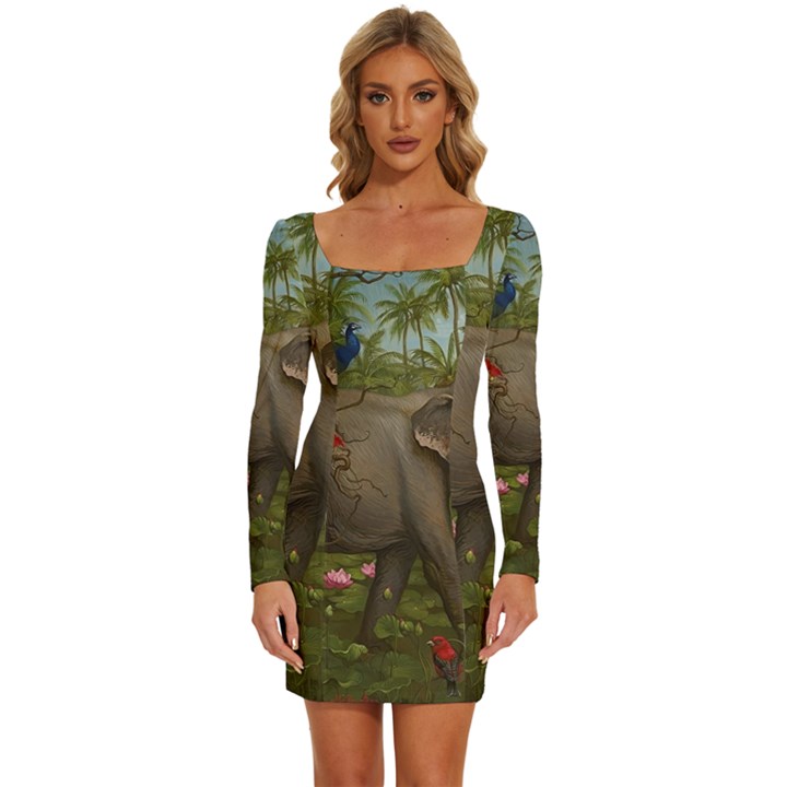 Jungle Of Happiness Painting Peacock Elephant Long Sleeve Square Neck Bodycon Velvet Dress