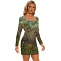 Jungle Of Happiness Painting Peacock Elephant Long Sleeve Square Neck Bodycon Velvet Dress View3