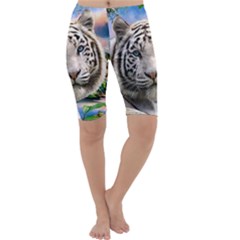 White Tiger Peacock Animal Fantasy Water Summer Cropped Leggings  by Cemarart