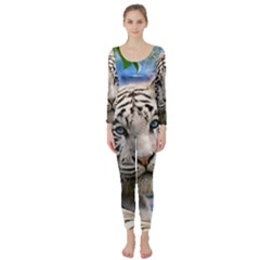 White Tiger Peacock Animal Fantasy Water Summer Long Sleeve Catsuit by Cemarart