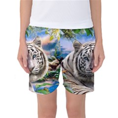 White Tiger Peacock Animal Fantasy Water Summer Women s Basketball Shorts by Cemarart