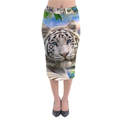 White Tiger Peacock Animal Fantasy Water Summer Midi Pencil Skirt