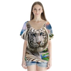 White Tiger Peacock Animal Fantasy Water Summer V-neck Flutter Sleeve Top by Cemarart