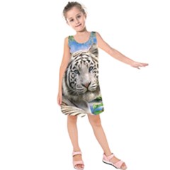 White Tiger Peacock Animal Fantasy Water Summer Kids  Sleeveless Dress by Cemarart