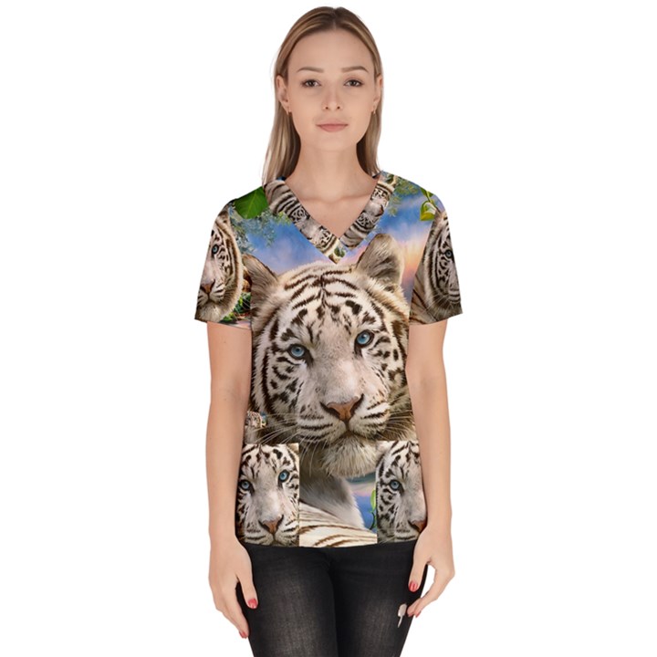 White Tiger Peacock Animal Fantasy Water Summer Women s V-Neck Scrub Top