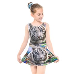 White Tiger Peacock Animal Fantasy Water Summer Kids  Skater Dress Swimsuit by Cemarart