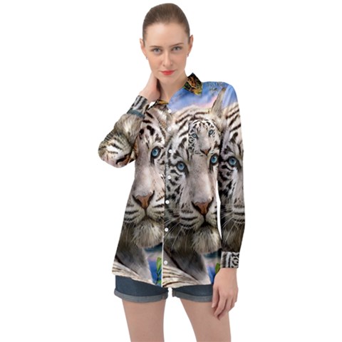 White Tiger Peacock Animal Fantasy Water Summer Long Sleeve Satin Shirt by Cemarart