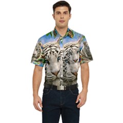 White Tiger Peacock Animal Fantasy Water Summer Men s Short Sleeve Pocket Shirt  by Cemarart